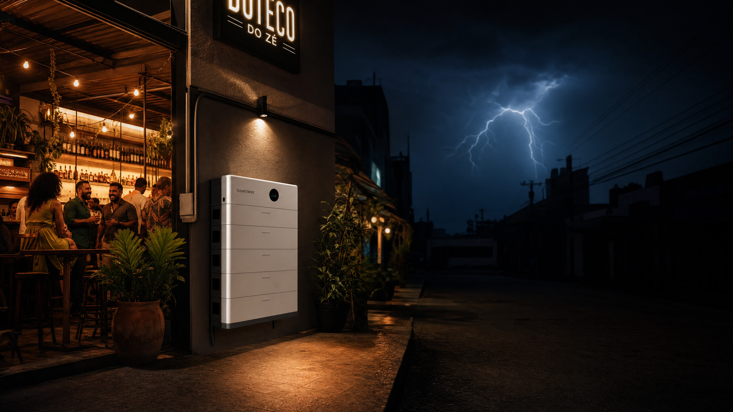 Bateria T8M mantendo o bar aceso enquanto a rua fica no escuro