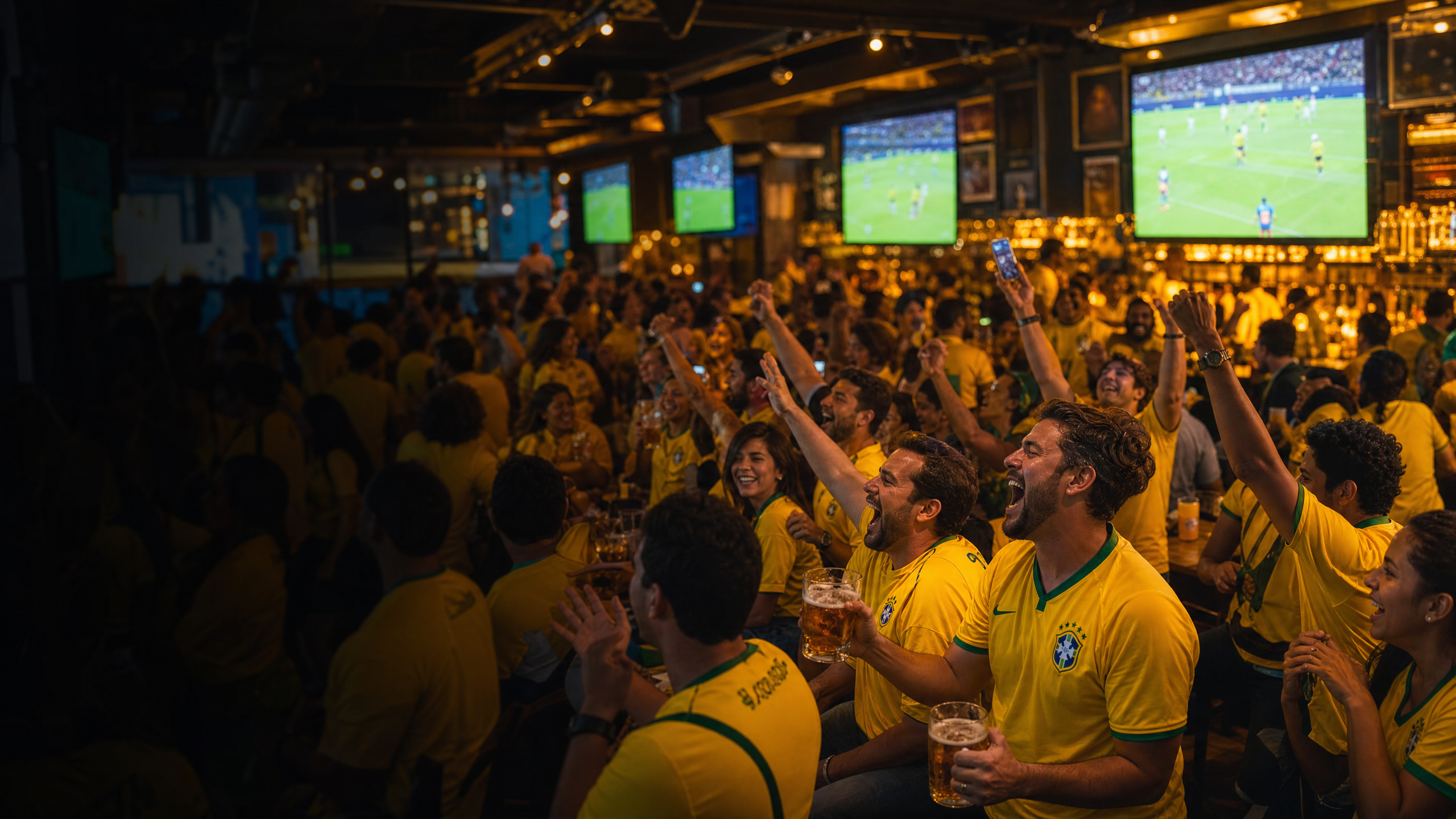 Torcida de camisa amarela do Brasil assistindo o jogo num bar lotado